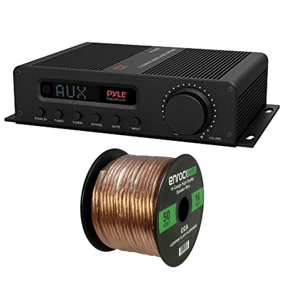 Pyle PFA540BT 5-Channel Hi-Fi Compact Bluetooth FM Radio Audio Amplifier Receiver System Bundle Combo with 16 Gauge 50 Feet Speaker Wiring