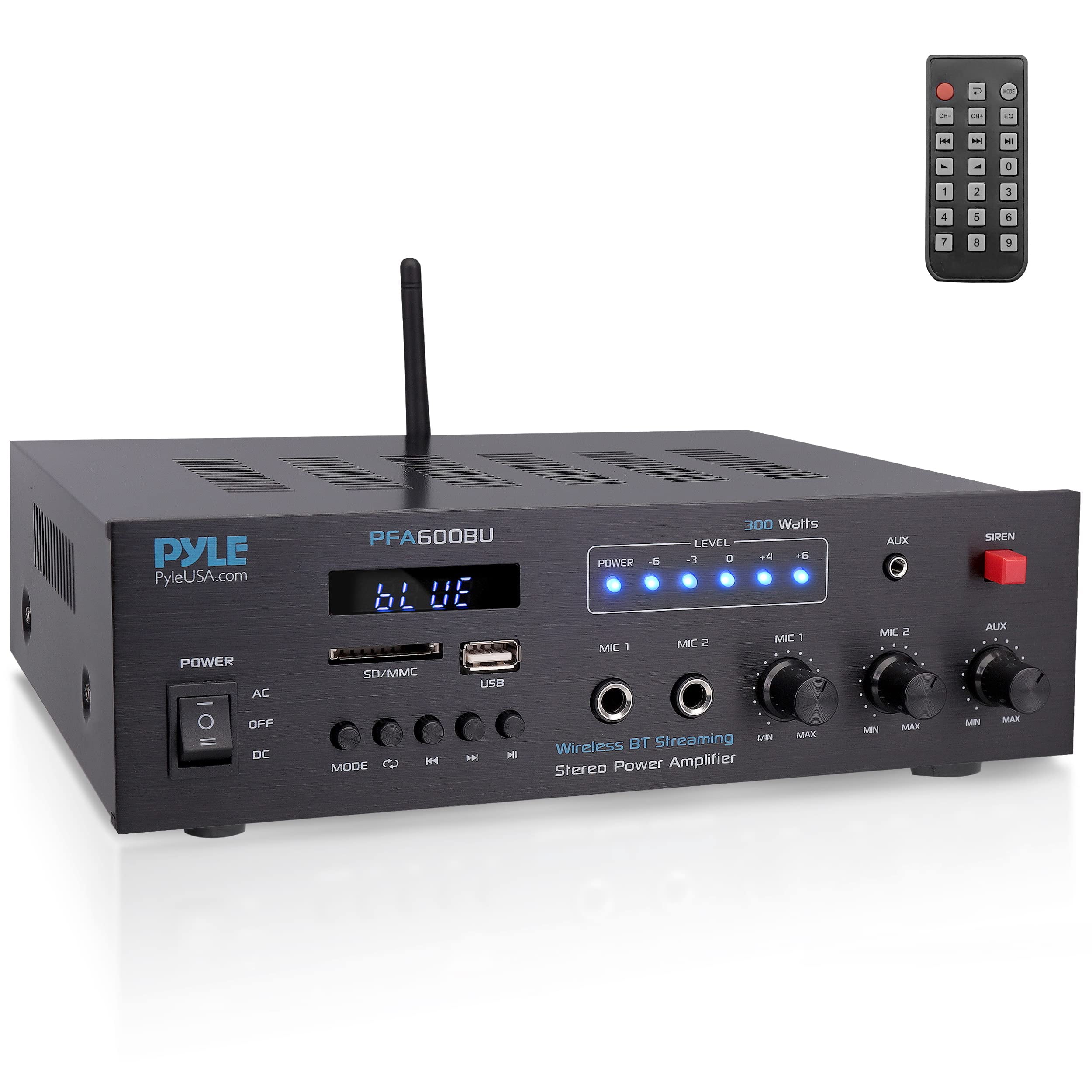 PYLE PFA600BU - Bluetooth Public Address Amplifier - Compact PA Speaker & Microphone Receiver System with (2) Mic Inputs, MP3/USB/SD Readers, FM Radio (300 Watt)