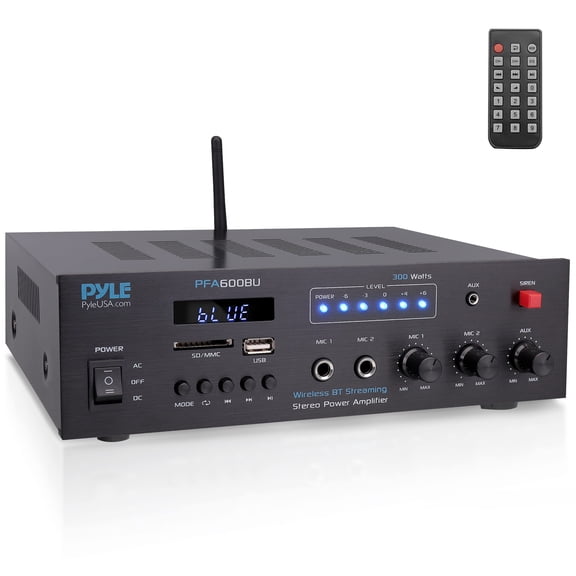 PYLE PFA600BU - Bluetooth Public Address Amplifier - Compact PA Speaker & Microphone Receiver System with (2) Mic Inputs, MP3/USB/SD Readers, FM Radio (300 Watt)