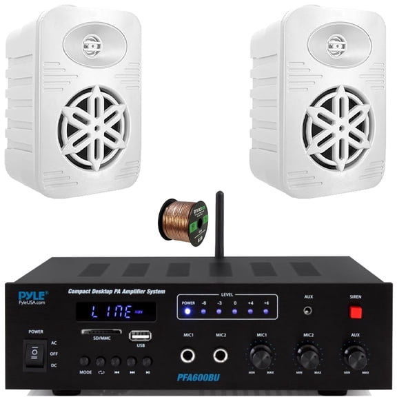 Pyle PFA600BU Compact Bluetooth USB/AUX FM Radio Public Address Amplifier Receiver System, 2x Pyle PDWRBT46WT 4 300 Watts Max Power 2-Way Indoor/Outdoor White Speakers, 50 Feet 16 Gauge Speaker Wire