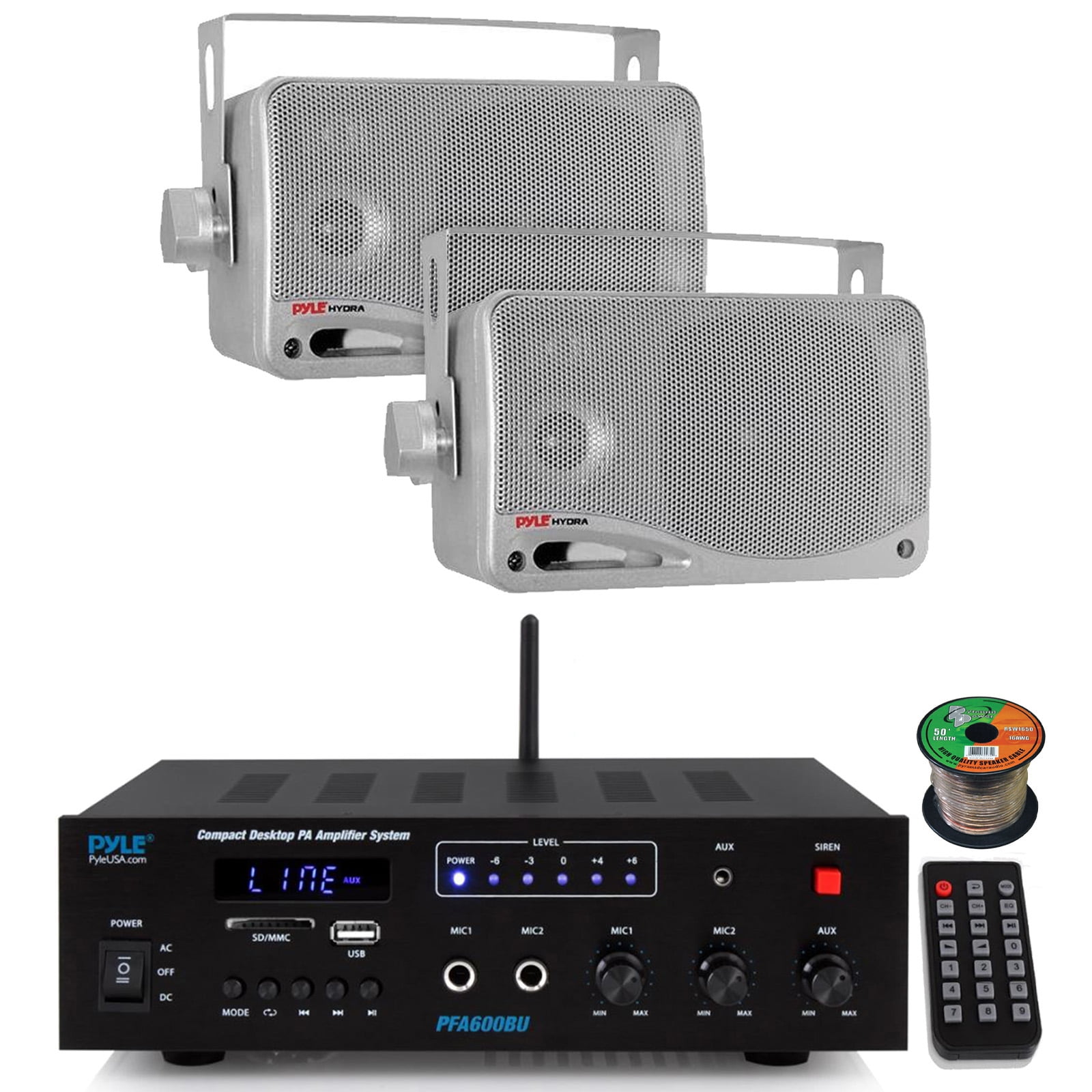 Pyle PFA600BU Compact Bluetooth USB AUX FM Radio Public Address Amplifier Receiver System Combo Bundle with 2x 3.5'' 200W Max Power 3-Way Weather Proof Mini Silver Box Speakers, 16 Gauge Speaker Wire