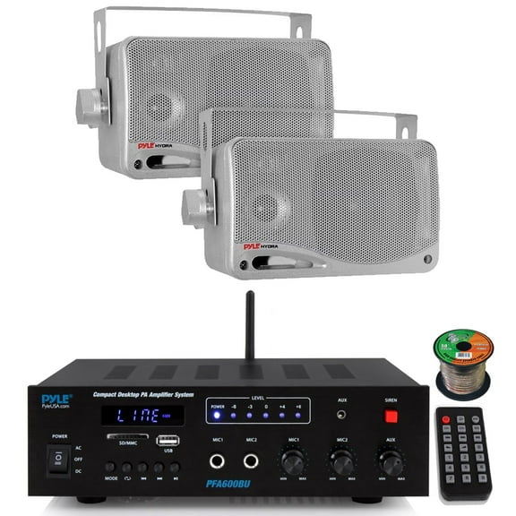 Pyle PFA600BU Compact Bluetooth USB AUX FM Radio Public Address Amplifier Receiver System Combo Bundle with 2x 3.5'' 200W Max Power 3-Way Weather Proof Mini Silver Box Speakers, 16 Gauge Speaker Wire