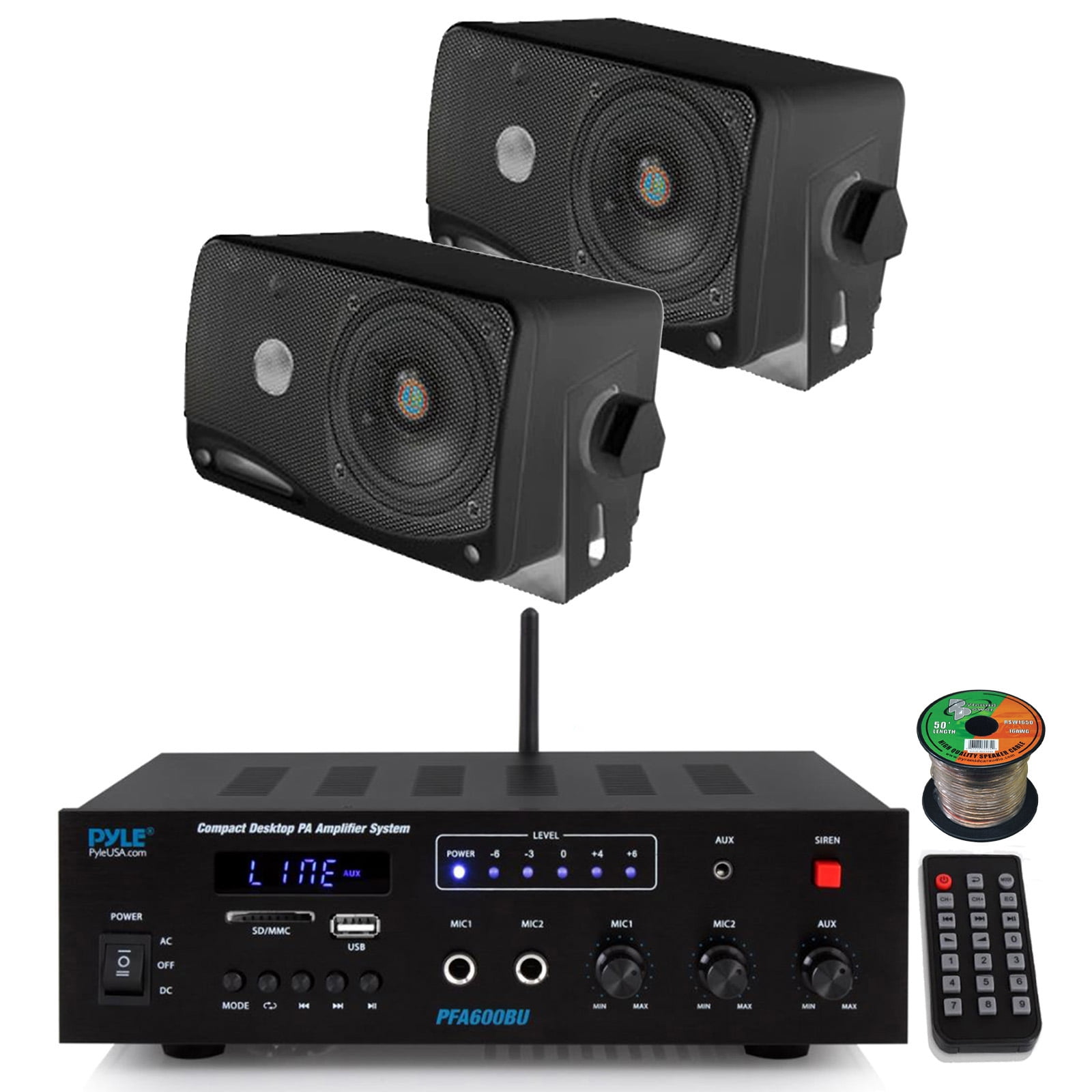 Pyle PFA600BU Compact Bluetooth USB AUX FM Radio Public Address Amplifier Receiver System Combo Bundle with 2x 3.5'' 200W Peak Power 3-Way Weather Proof Mini Black Box Speakers, 16 Gauge Speaker Wire