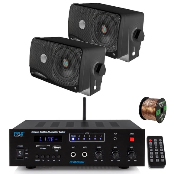 Pyle PFA600BU Compact Bluetooth USB AUX FM Radio Public Address Amplifier Receiver System Combo Bundle with 2x 3.5'' 200W Peak Power 3-Way Weather Proof Mini Black Box Speakers, 16 Gauge Speaker Wire