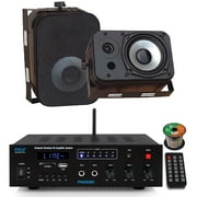 Pyle PFA600BU Compact Bluetooth USB AUX FM Radio Public Address Amplifier Receiver System Combo Bundle with 2x 5.25" 400W Max Power Indoor/Outdoor Black Waterproof Speakers, 16 Gauge Speaker Wire