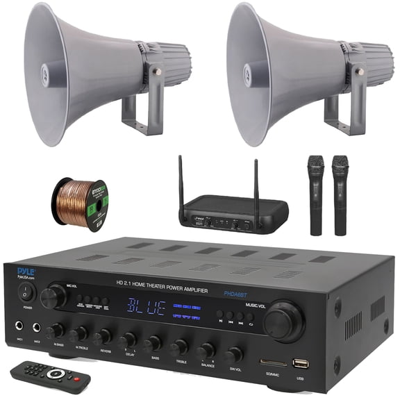 Pyle PHDA6BT USB/AUX SD FM Radio 400W BT Home Audio Amplifier Stereo Receiver, 2x 12.7'' 60 Watt Indoor/Outdoor PA Horn Speakers, VHF Wireless Microphone System, 50 Feet 16 Gauge Speaker Wire