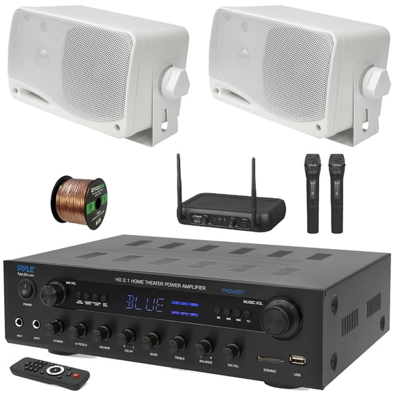 Pyle PHDA6BT USB/AUX SD FM Radio 400W BT Home Audio Amplifier Stereo Receiver, 2x 3.5'' 200W Max 3-Way Weather Proof Mini Box Speakers, VHF Wireless Microphone System, 50 Feet 16 Gauge Speaker Wire