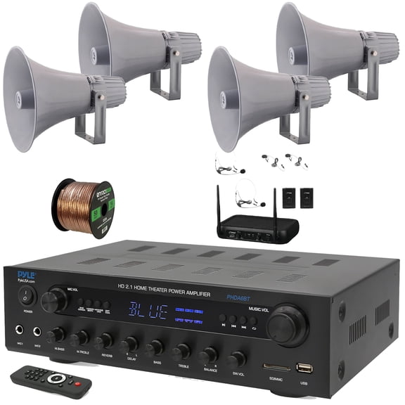 Pyle PHDA6BT USB/AUX SD FM Radio 400W BT Home Audio Amplifier Stereo Receiver, 4x 12.7'' 60 Watt Indoor/Outdoor PA Horn Speakers, VHF Wireless Microphone System, 50 Feet 16G Speaker Wire