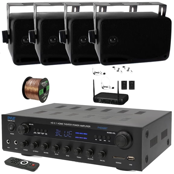Pyle PHDA6BT USB/AUX SD FM Radio 400W BT Home Audio Amplifier Stereo Receiver, 4x 3.5'' 200 Watt Max 3-Way Indoor/Outdoor Wall Mount Speakers, VHF Wireless Microphone System, 50 Feet 16G Speaker Wire