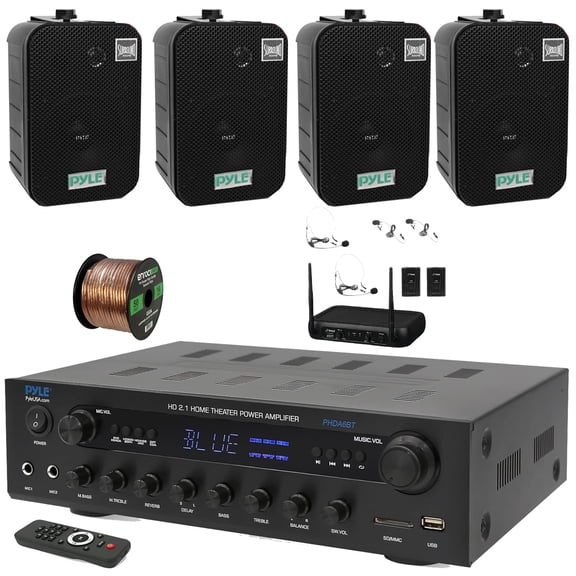 Pyle PHDA6BT USB/AUX SD FM Radio 400W BT Home Audio Amplifier Stereo Receiver, 4x 5.25" 400W Max Dual Waterproof Wall/Ceiling Black Speakers, VHF Wireless Microphone System, 50 Feet 16G Speaker Wire