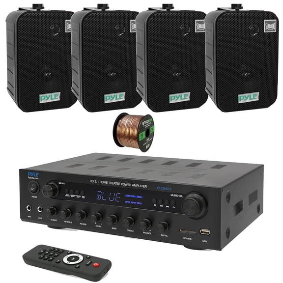 Pyle PHDA6BT USB/AUX SD FM Radio 400W BT Home Audio Amplifier Stereo Receiver, 4x Pyle PDWR40B 5.25" 400W Max Home Dual Waterproof Wall/Ceiling Mounted Black Speakers, 50 Feet 16 Gauge Speaker Wire