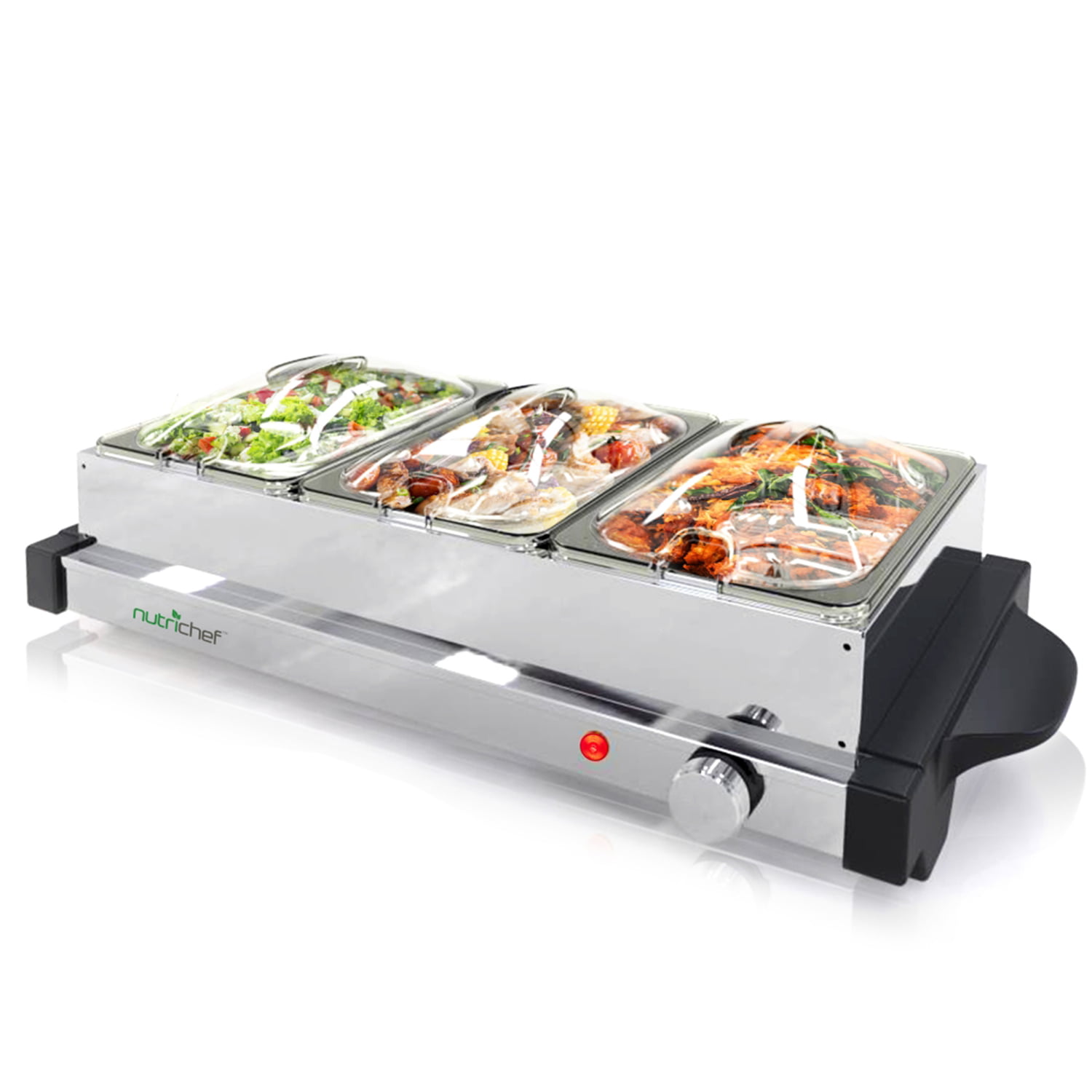 Nutrichef Professional Stainless Steel Buffet Warmer Server with 3 Trays |  Portable Hot Plate Food Warmer Station for Parties & Events | Easy to Clean