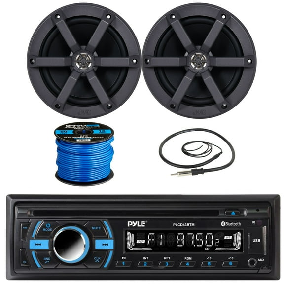 Pyle PLCD43BTM Single DIN Bluetooth MP3 USB AUX AM/FM Radio Stereo Receiver + Remote Control with 2x JVC CSMS620 6.5" 2-Way 100 Watts Peak Power Marine Speakers