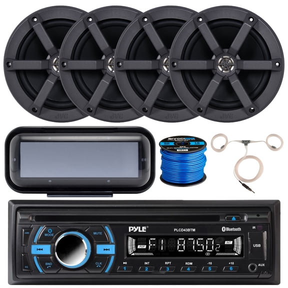 Pyle PLCD43BTM Single DIN Bluetooth MP3 USB AUX AM/FM Radio Stereo Receiver + Remote Control with 4x JVC CSMS620 6.5" 2-Way 100W Max Marine Speakers, Universal Radio Cover, Speaker Wire + Antenna