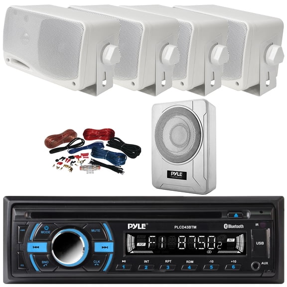 Pyle PLCD43BTM Single DIN Marine Bluetooth USB/AUX MP3 Player AM/FM Radio In-Dash Head Unit Stereo Receiver, 4x 3.5'' 200W Max 3-Way Indoor/Outdoor Speakers, 8 600W Max Under-Seat Subwoofer W/Kit
