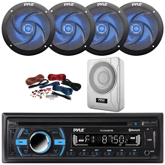 Pyle PLCD43BTM Single DIN Marine Bluetooth USB/AUX MP3 Player AM/FM Radio In-Dash Head Unit Stereo Receiver, 4x 4" 100W Max 2-Way Blue Flashing LED Speakers, 8 600W Max Under-Seat Subwoofer W/Kit