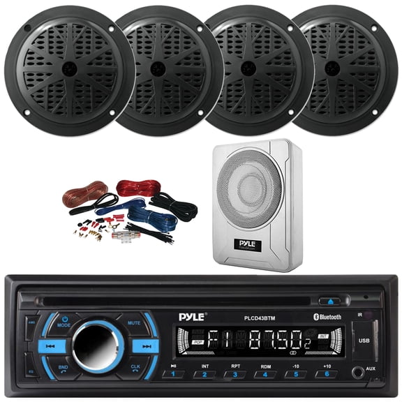 Pyle PLCD43BTM Single DIN Marine Bluetooth USB/AUX MP3 Player AM/FM Radio In-Dash Head Unit Stereo Receiver, 4x 4'' 100W Max Dual Cone Black Boat Speakers, 8 600W Max Under-Seat Subwoofer W/Kit