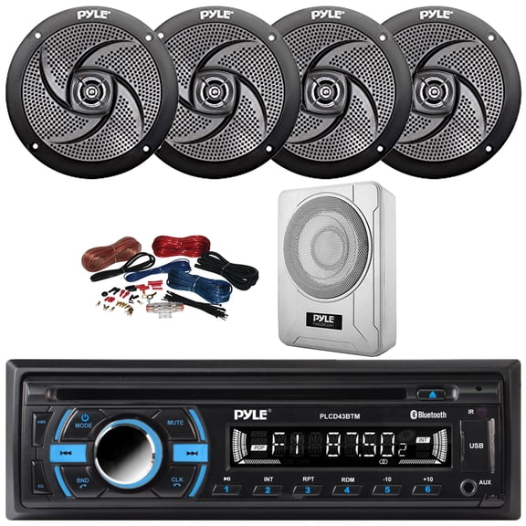 Pyle PLCD43BTM Single DIN Marine Bluetooth USB/AUX MP3 Player AM/FM Radio In-Dash Head Unit Stereo Receiver, 4x 4" 100W Max Low Profile 2-Way Black Speakers, 8 600W Max Under-Seat Subwoofer W/Kit