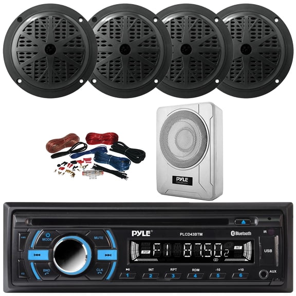 Pyle PLCD43BTM Single DIN Marine Bluetooth USB/AUX MP3 Player AM/FM Radio In-Dash Head Unit Stereo Receiver, 4x 5.25'' 100W Max 2-Way Full Range Black Speakers, 8 600W Max Under-Seat Subwoofer W/Kit