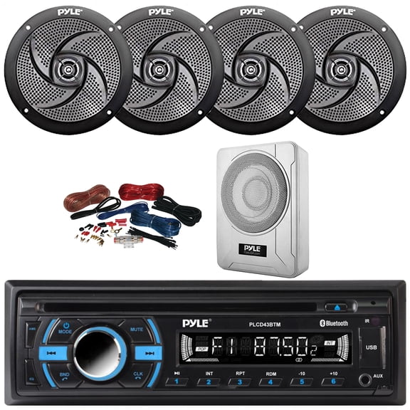 Pyle PLCD43BTM Single DIN Marine Bluetooth USB/AUX MP3 Player AM/FM Radio In-Dash Head Unit Stereo Receiver, 4x 5.25" 180W Max 2-Way Low Profile Black Speakers, 8 600W Max Under-Seat Subwoofer W/Kit