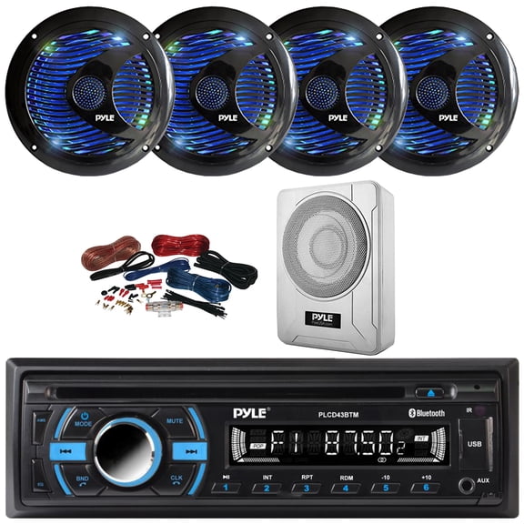 Pyle PLCD43BTM Single DIN Marine Bluetooth USB/AUX MP3 Player AM/FM Radio In-Dash Head Unit Stereo Receiver, 4x 6.5'' 150W Max Dual Cone RGB LED Black Speakers, 8 600W Max Under-Seat Subwoofer W/Kit