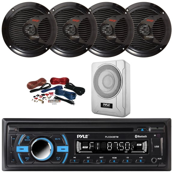 Pyle PLCD43BTM Single DIN Marine Bluetooth USB/AUX MP3 Player AM/FM Radio In-Dash Head Unit Stereo Receiver, 4x 6.5" 150W Max Full Range Dual Cone Speakers, 8 600W Max Under-Seat Subwoofer W/Kit