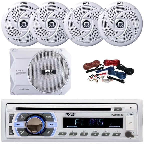 Pyle PLCD43MRB Single DIN Marine Bluetooth USB/AUX MP3 Player AM/FM Radio In-Dash Head unit Stereo Receiver, 4x 8'' 320W Max Low Profile 2-Way White Speakers, 10 900W Max Under-Seat Subwoofer W/Kit