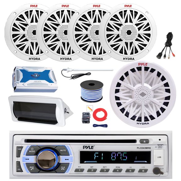 Pyle PLCD43MRB Single DIN Bluetooth CD Player MP3 Stereo Receiver, Cover, 4x 8" 300W Full Range Marine Speakers (White), 6-Channel Amplifier w/Install Kit, 10" Subwoofer, Antenna, USB Adapter, Wire