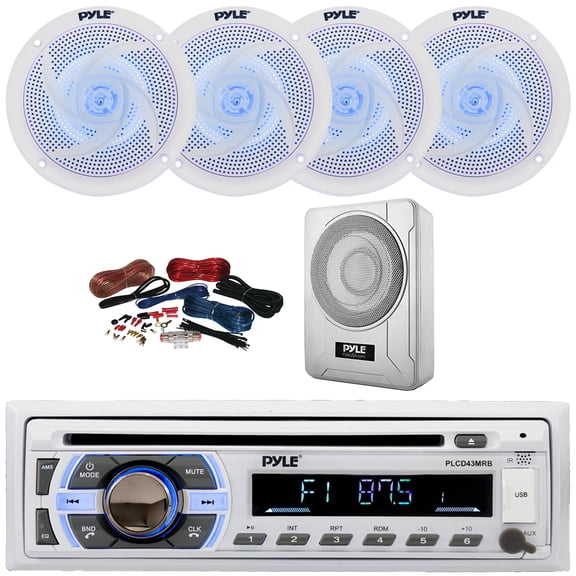 Pyle PLCD43MRB Single DIN Marine Bluetooth USB/AUX MP3 Player AM/FM Radio In-Dash Head Unit Stereo Receiver, 4x 4" 100W Max 2-Way Blue Light LED White Speakers, 8 600W Max Under-Seat Subwoofer W/Kit