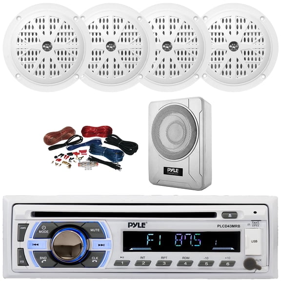 Pyle PLCD43MRB Single DIN Marine Bluetooth USB/AUX MP3 Player AM/FM Radio In-Dash Head Unit Stereo Receiver, 4x 4'' 100W Max Dual Cone Waterproof Speakers, 8 600W Max Under-Seat Subwoofer W/Kit