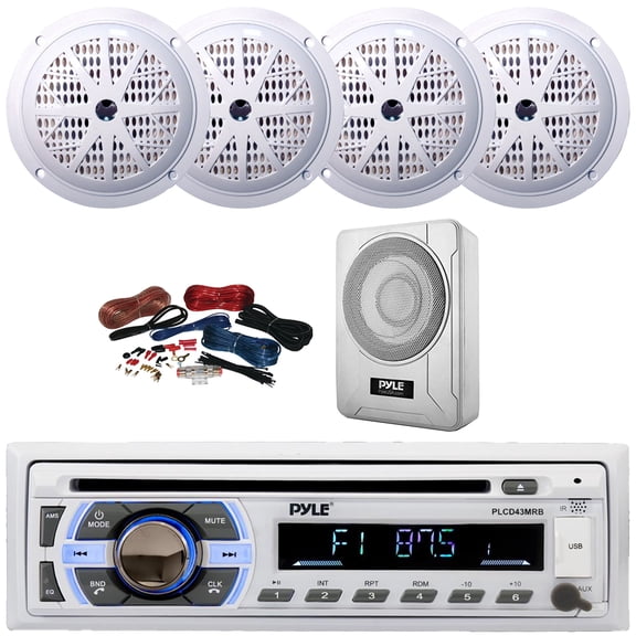 Pyle PLCD43MRB Single DIN Marine Bluetooth USB/AUX MP3 Player AM/FM Radio In-Dash Head Unit Stereo Receiver, 4x 5.25'' 100 Watt Max Power 2 Way White Speakers, 8 600W Max Under-Seat Subwoofer W/Kit