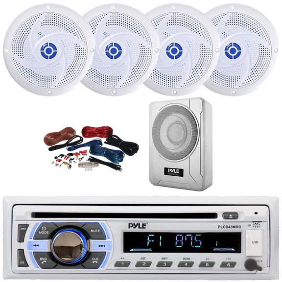 Pyle PLCD43MRB Single DIN Marine Bluetooth USB/AUX MP3 Player AM/FM Radio In-Dash Head Unit Stereo Receiver, 4x 5.25" 180W Max 2-Way Blue Flashing LED Speakers, 8 600W Max Under-Seat Subwoofer W/Kit