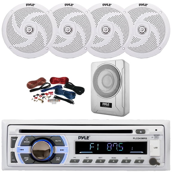 Pyle PLCD43MRB Single DIN Marine Bluetooth USB/AUX MP3 Player AM/FM Radio In-Dash Head Unit Stereo Receiver, 4x 6'' 240W Max Low Profile 2-Way White Speakers, 8 600W Max Under-Seat Subwoofer W/Kit