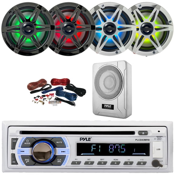 Pyle PLCD43MRB Single DIN Marine Bluetooth USB/AUX MP3 Player AM/FM Radio In-Dash Head Unit Stereo Receiver, 4x 6.5" 120W Max RGB LED Speakers with Grilles, 8 600W Max Under-Seat Subwoofer W/Kit