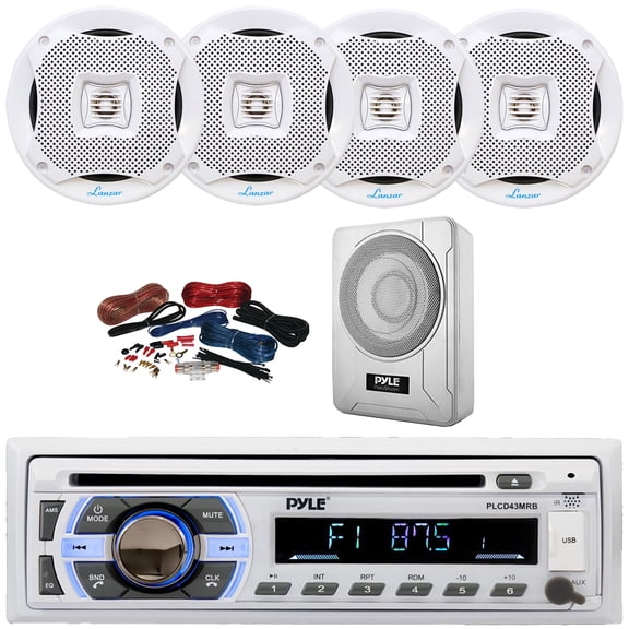 Pyle PLCD43MRB Single DIN Marine Bluetooth USB/AUX MP3 Player AM/FM Radio In-Dash Head Unit Stereo Receiver, 4x 6.5 400W Max 2-Way Full-Range White Speakers, 8 600W Max Under-Seat Subwoofer W/Kit
