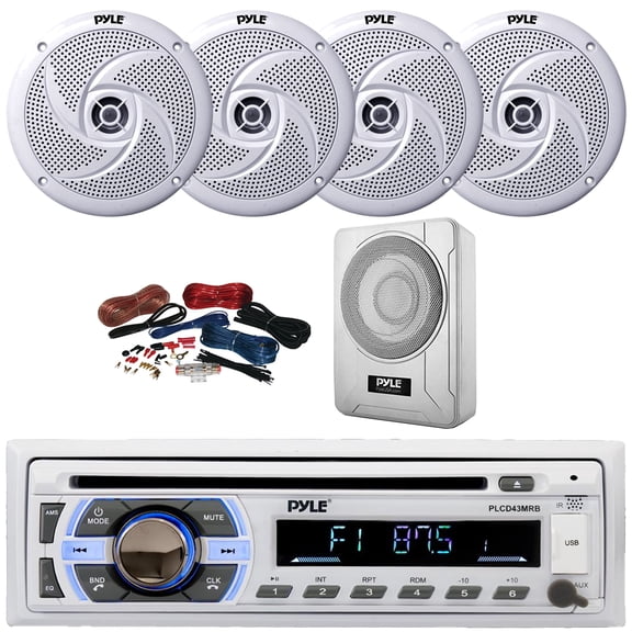 Pyle PLCD43MRB Single DIN Marine Bluetooth USB/AUX MP3 Player AM/FM Radio In-Dash Head Unit Stereo Receiver, 4x 8'' 320W Max Low Profile 2-Way White Speakers, 8 600W Max Under-Seat Subwoofer W/Kit