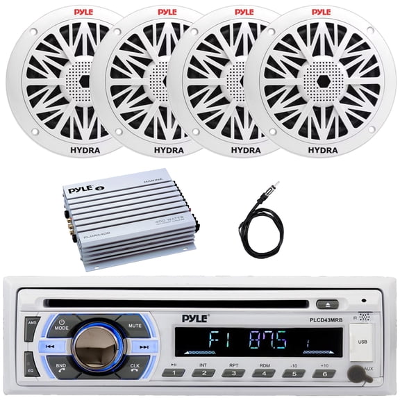 Pyle PLCD43MRB Single DIN Marine Bluetooth USB/AUX MP3 Player AM/FM Radio In-Dash Stereo Head Unit Receiver, 4x 5.25" 150 Watt Max Power 2-Way Waterproof Boat Speakers, 4 Channel Amplifier, Antenna