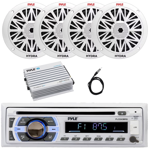 Pyle PLCD43MRB Single DIN Marine Bluetooth USB/AUX MP3 Player AM/FM Radio In-Dash Stereo Head Unit Receiver, 4x 5.25" 150W Max 2-Way Waterproof Boat Speakers, 4 Channel Bluetooth Amplifier, Antenna
