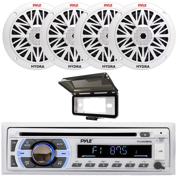 Pyle PLCD43MRB Single DIN Marine Bluetooth USB/AUX MP3 Player AM/FM Radio In-Dash Stereo Head Unit Receiver w/White Cover, 4x Pyle PLMR52 5.25" 150 Watt Max Power 2-Way Waterproof Boat Speakers