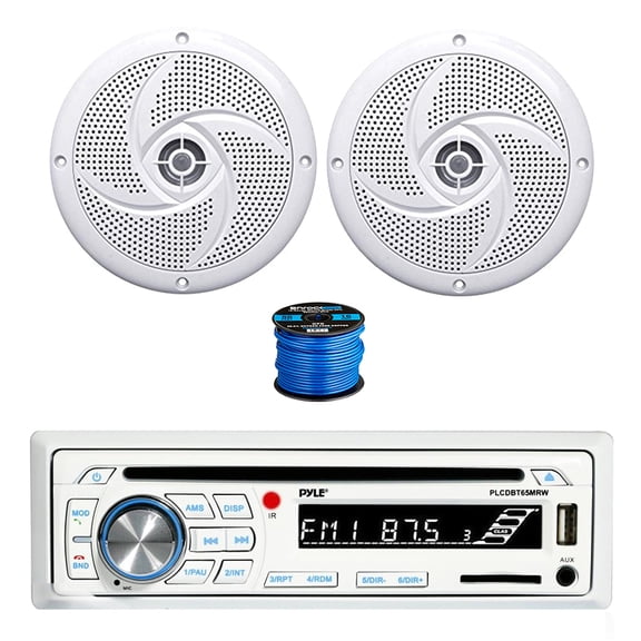 Pyle PLCDBT65 Bluetooth Marine Stereo AM/FM CD Player Stereo Receiver, 2x 5.25" 180 Watt 2-Way Slim Low Profile Audio Speakers (White) w/ Wire