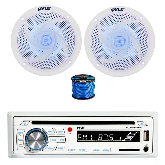 Pyle PLCDBT65 Bluetooth Marine Stereo AM/FM CD Player Stereo Receiver, 2x 6.5" 240 Watt 2-Way Slim Low Profile Blue Flashing LED Audio Speakers (White) w/ Wire