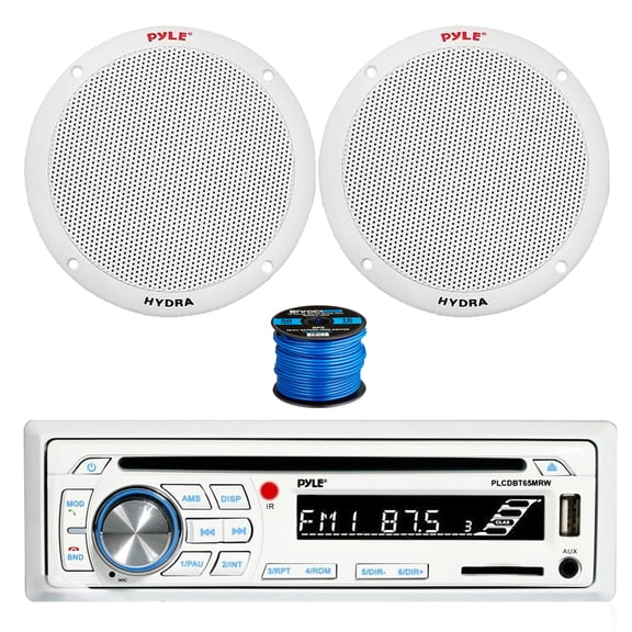 Pyle PLCDBT65 Bluetooth Marine Stereo AM/FM CD Player Stereo Receiver, 2x 6.5" 400 Watt 2-Way Dual Cone Full Range Audio Speakers (White) w/ Wire