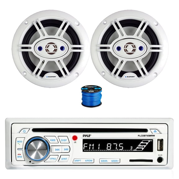 Pyle PLCDBT65 Bluetooth Marine Stereo AM/FM CD Stereo Receiver, 2x 6.5" 240 Watt Max 4-Way Marine Outdoor Audio Speakers (White) w/Wire