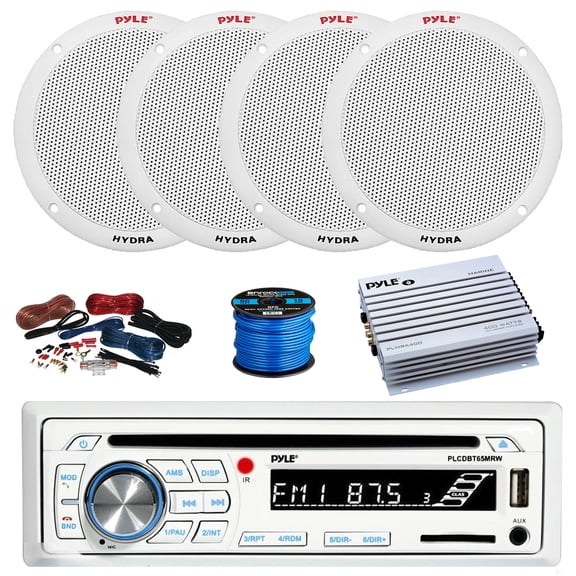 Pyle PLCDBT65 Bluetooth Marine Stereo AM/FM CD Stereo Receiver, 4-Channel Amplifier w/Install Kit, 4X 6.5" 400 Watt 2-Way Dual Cone Full Range Audio Speakers (White) w/ Wire
