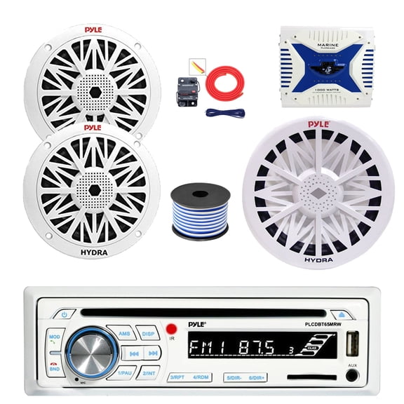Pyle PLCDBT65 Single DIN Bluetooth AM/FM CD Stereo Receiver, 2x 6.5" 200 Watt Full Range Marine Speakers (White), 4-Channel Amplifier w/Install Kit, 8" Subwoofer, Wire