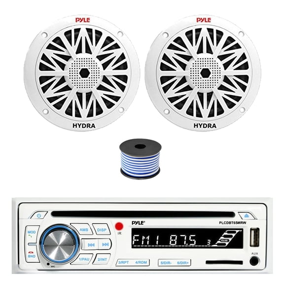 Pyle PLCDBT65 Single DIN Bluetooth AM/FM CD Stereo Receiver, 2x 6.5" 200 Watt Full Range Marine Speakers (White), Wire