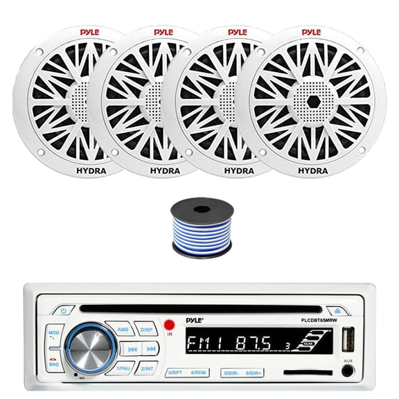 Pyle PLCDBT65 Single DIN Bluetooth AM/FM CD Stereo Receiver, 4x 8" 300 Watt Full Range Marine Speakers (White), Wire