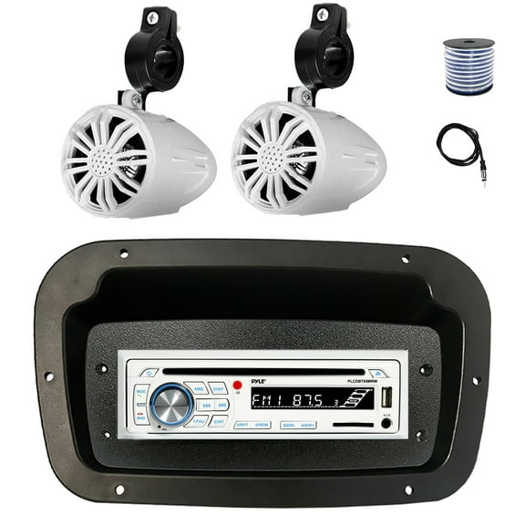 Pyle PLCDBT65 Single DIN Bluetooth Marine CD Stereo Receiver, Spa bezel, Adapter Plate, 22" Radio Antenna, Wire, 2x 2.25" 10W Max Full Range Waterproof Off-Road Audio Speakers (White)