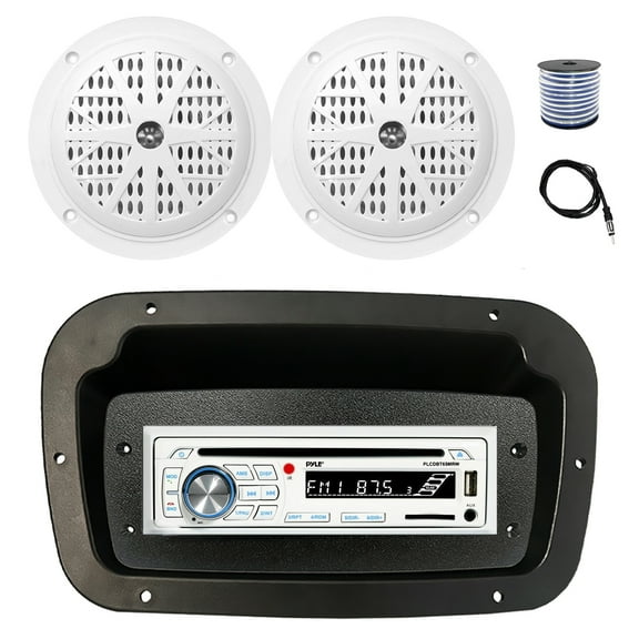 Pyle PLCDBT65 Single DIN Bluetooth Marine CD Stereo Receiver, Spa bezel, Adapter Plate, 22" Radio Antenna, Wire, 2x 4'' 100 Watt Peak Full Range Dual Cone Waterproof Stereo Speakers (White)