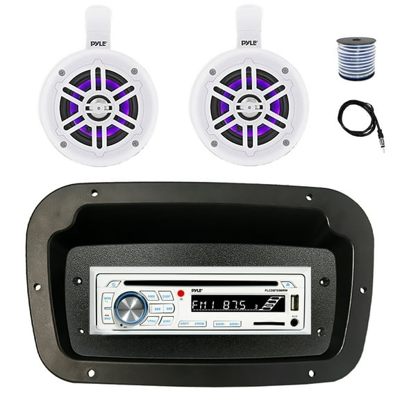 Pyle PLCDBT65 Single DIN Bluetooth Marine CD Stereo Receiver, Spa bezel, Adapter Plate, 22" Radio Antenna, Wire, 2x 4" 300W Max Bluetooth Waterproof Wakeboard LED Tower Speakers (White)